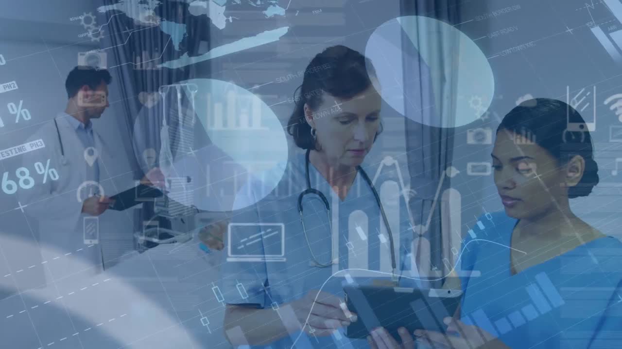 animación de iconos y gráficos sobre diversas mujeres doctores hablando