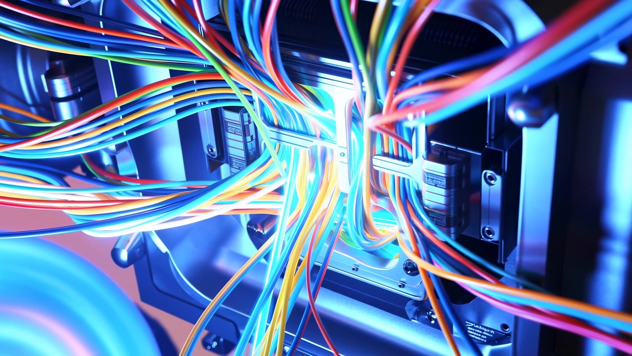 Colorful Fiber Cables Inside Server Rack, Bright Neon Wiring Tangled Around Drive Bays With Glowing Blue LED