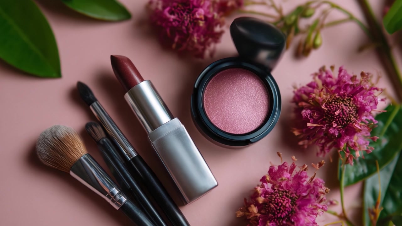 Aesthetic Display of Makeup Essentials Featuring Lipstick, Blush, and Brushes Surrounded by Vibrant Flowers on a Soft Pink Background