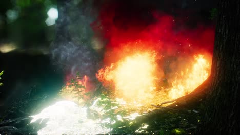 wind blowing on a flaming trees during a forest fire