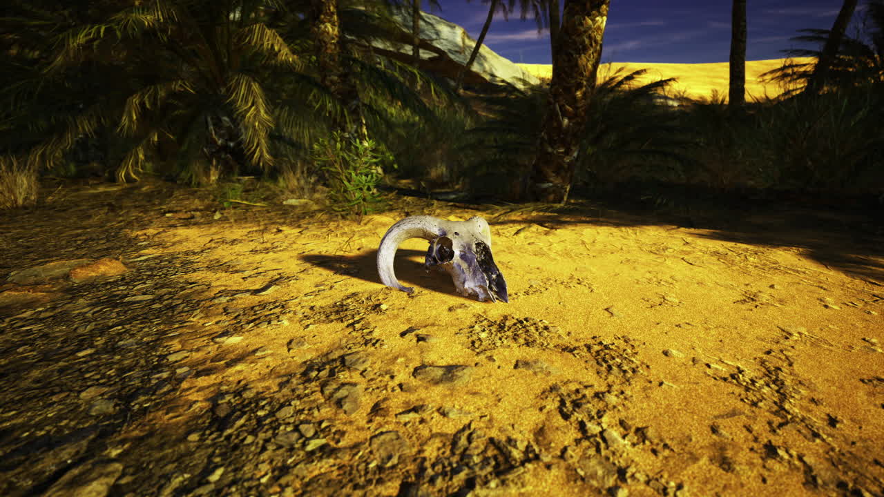 Desert landscape featuring an animal skull under a twilight sky