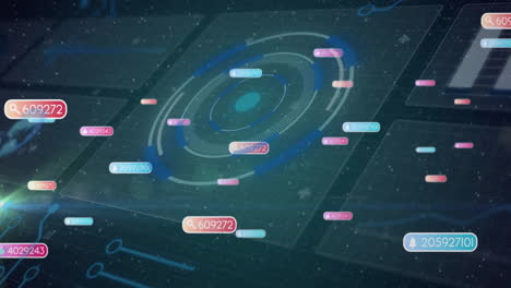 animation of digital data points orbiting futuristic circular interface elements