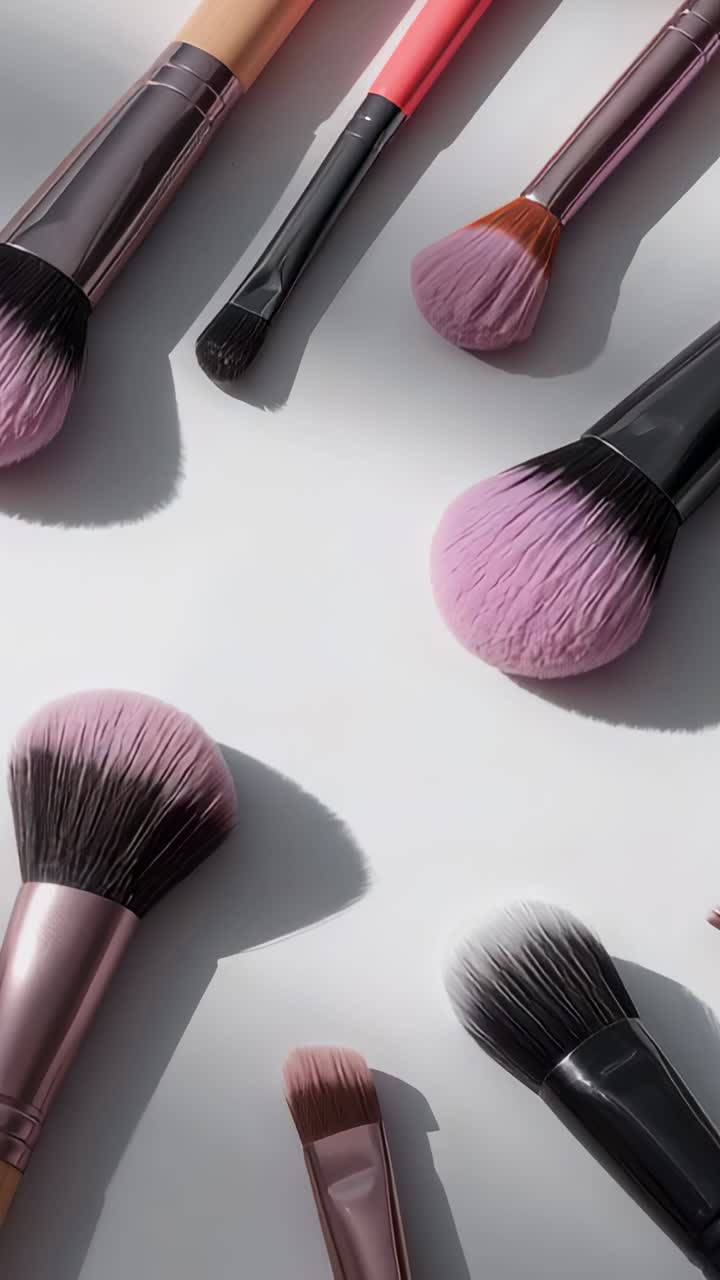 Vertical video: Panning camera revealing makeup brushes on white table, showing bristle detail