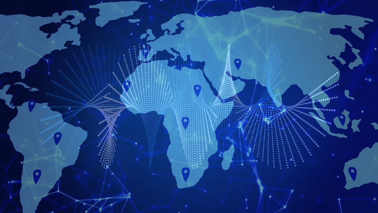 Digital world map flowing with dotted data streams, glowing network lines, pin icons in flat design