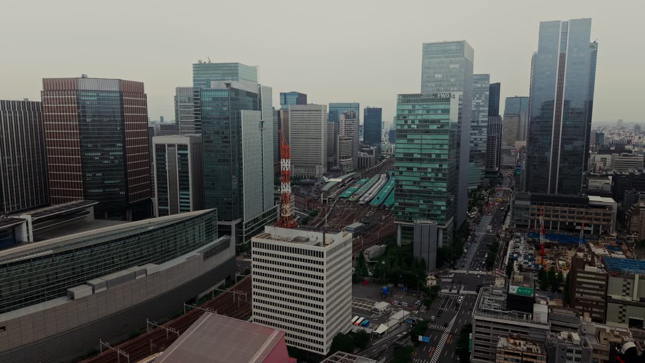 Urban Cityscape with Skyscrapers and Train Station
