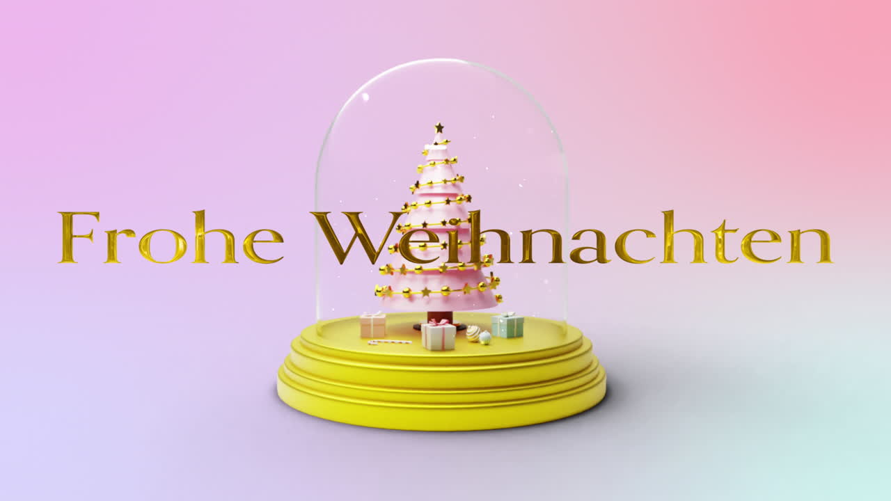 크리스마스 트리와 함께 스노우 글로브 위에 frohe wihnachten 텍스트의 애니메이션