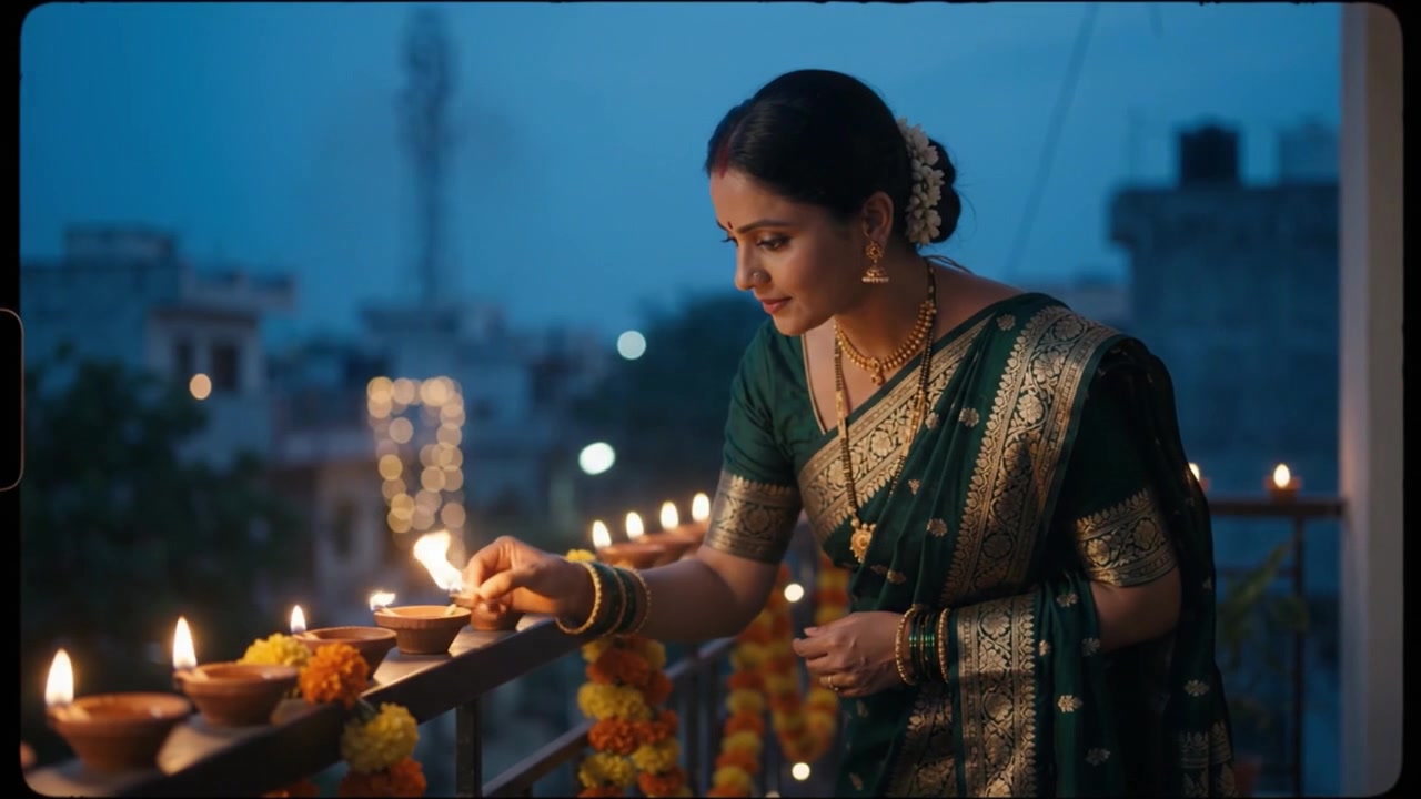 Indian Woman Lighting Traditional Oil Lamps for Diwali Celebration