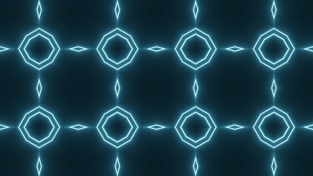푸른 대칭 별 모자이크와 함께 네온 반이는 패턴 어두운 공간에서. 네온 요소와 함께 원활한 모션 그래픽 배경