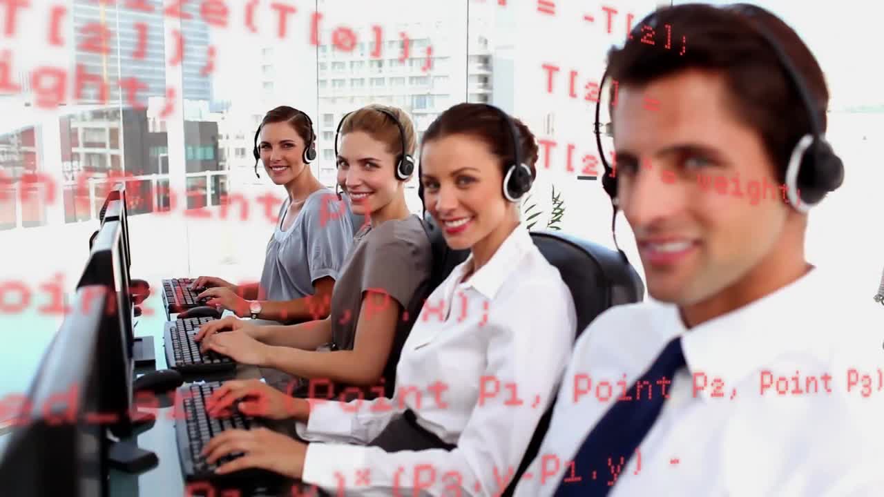 휴대폰 헤드 ⁇ 을 착용한 사람들 위에서 금융 데이터 처리의 애니메이션