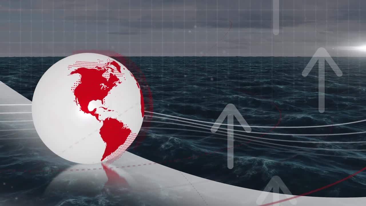 해양 풍경 위에서 화살표로 회전하는 지구의 애니메이션