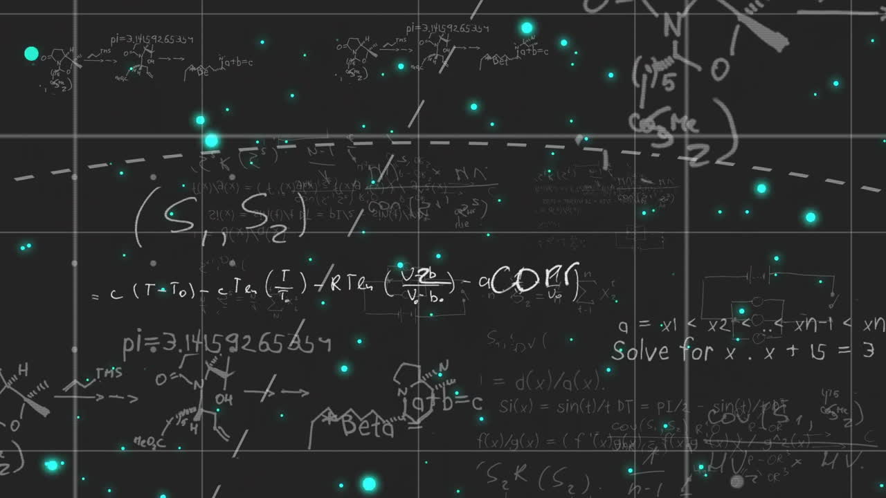 Animation of mathematical equations and glowing points on dark grid background
