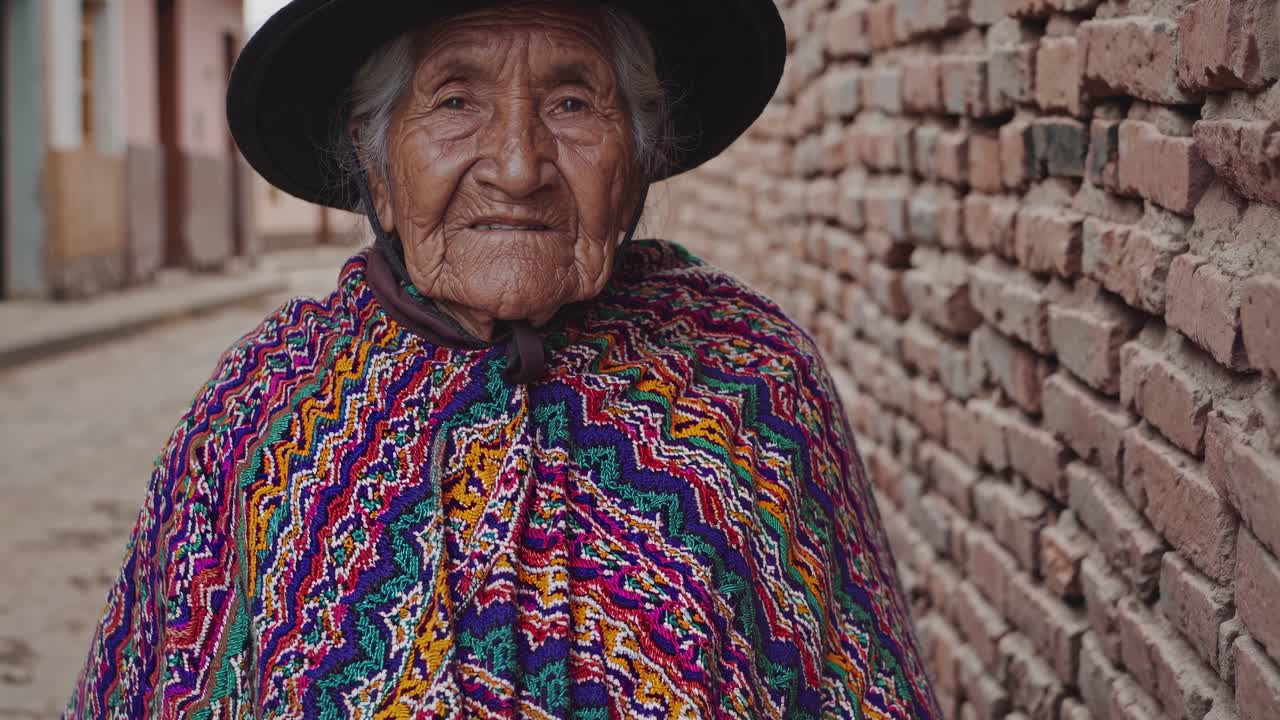 Serene elderly woman wearing traditional hat standing in narrow brick walled alley, embodying cultural heritage and timeless wisdom of indigenous community