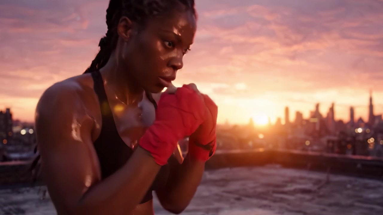 A Dynamic Boxer Showcases Technique Against a Stunning Urban Sunset Backdrop, Unleashing Power and Determination in Every Movement.