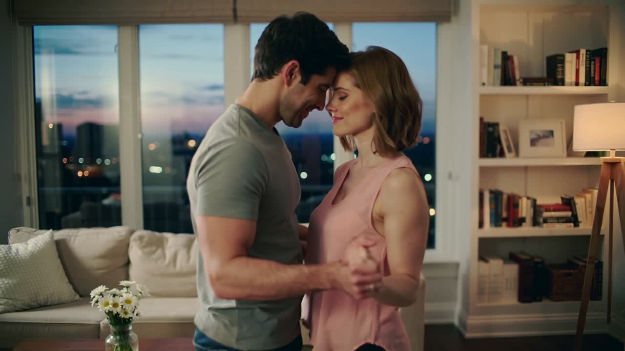 De mãos dadas, homem guiando mulher em uma dança lenta para intimidade tranquila, horizonte da sala de estar ao anoitecer.