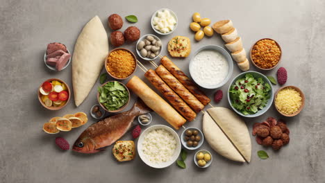 a diverse overhead spread of mediterranean and middle eastern inspired cuisine with various dishes