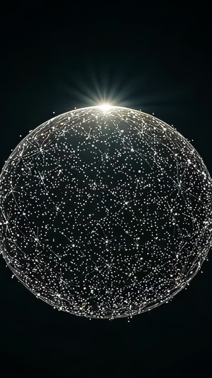 縦型動画：ネットワーク地球儀が上部からビームを受信し、虚空で回転して起動を知らせています。