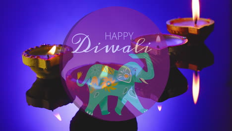 animación de feliz texto de diwali sobre velas en fondo púrpura
