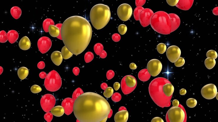 Animazione di palloncini rossi e dorati che volano sopra le stelle
