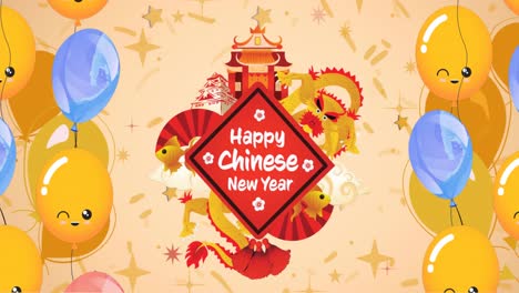 animación de feliz texto de año nuevo chino con templo y globos sobre estrellas y confeti en naranja