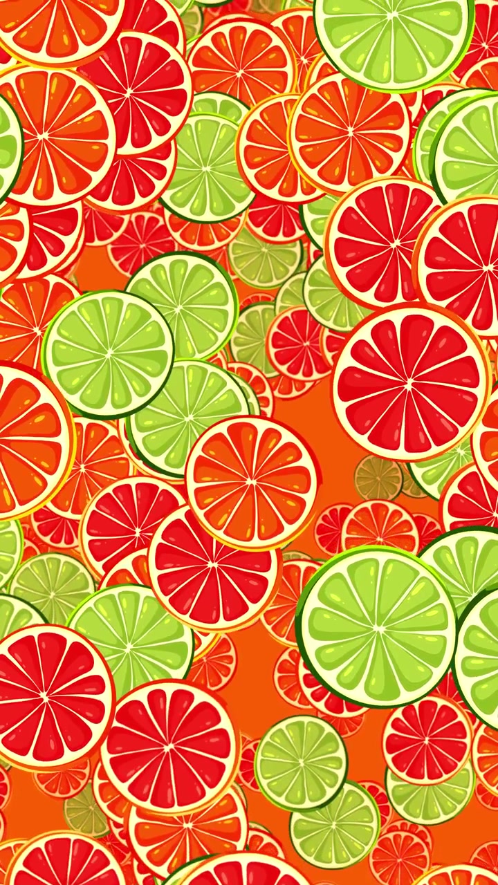 Fette colorate di arancia, lime e pompelmo cadono verticalmente in uno stile di illustrazione giocoso a cartone animato