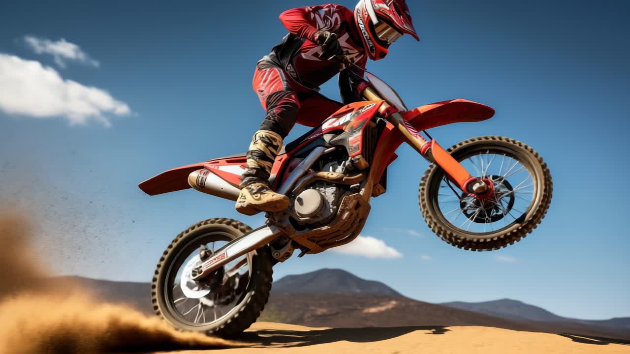 Tomada dinâmica de baixo ângulo de um piloto de motocross no ar em uma pista de terra, capturando a emoção.