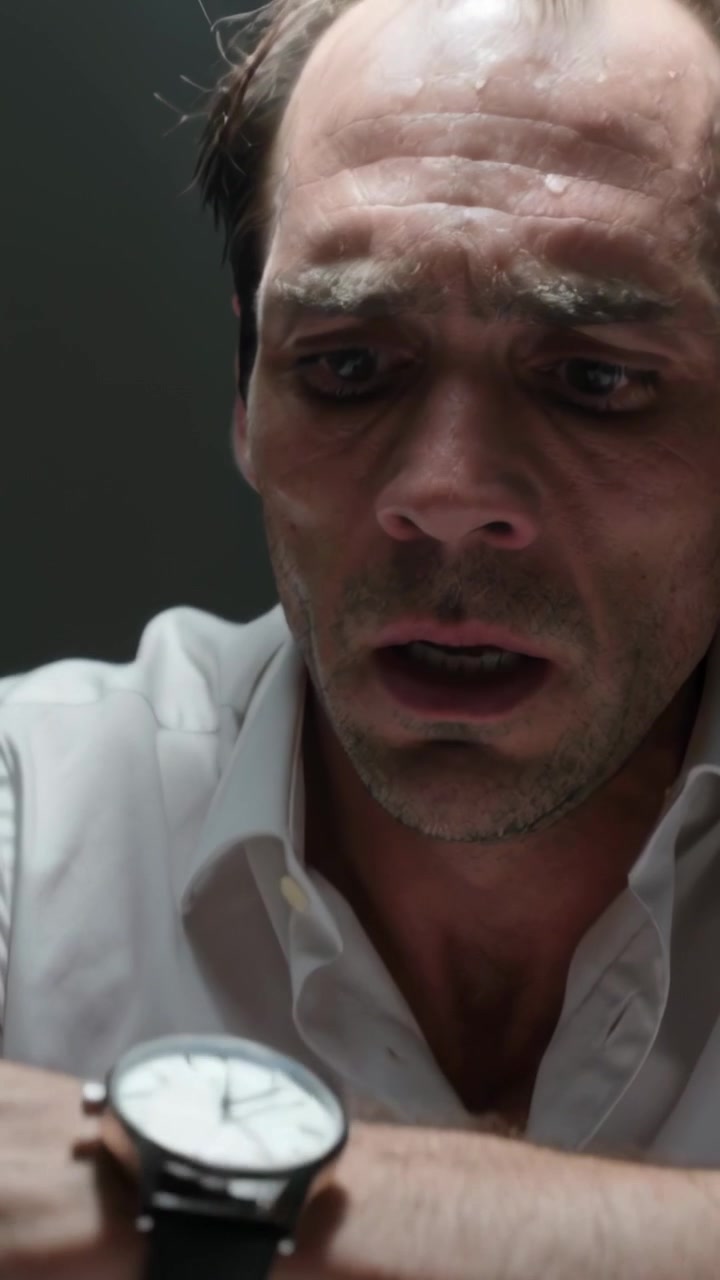 Video verticale: Uomo in camicia bianca che guarda in alto sotto una luce ad aureola in una stanza, controllando l'orologio, correndo contro il tempo.