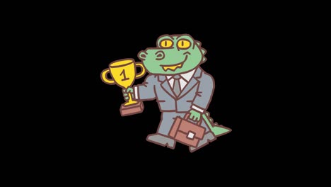 alligator holding gold cup holding suitcase and walking. frame by frame animation. alpha channel