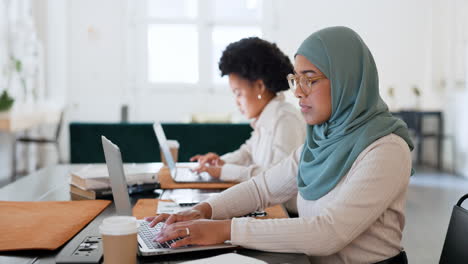 islamic woman, business and laptop doing typing