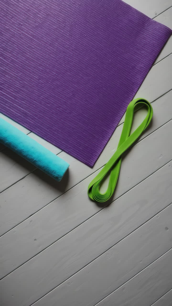 Yoga Mat, Resistance Band, and Exercise Accessories on Wooden Floor