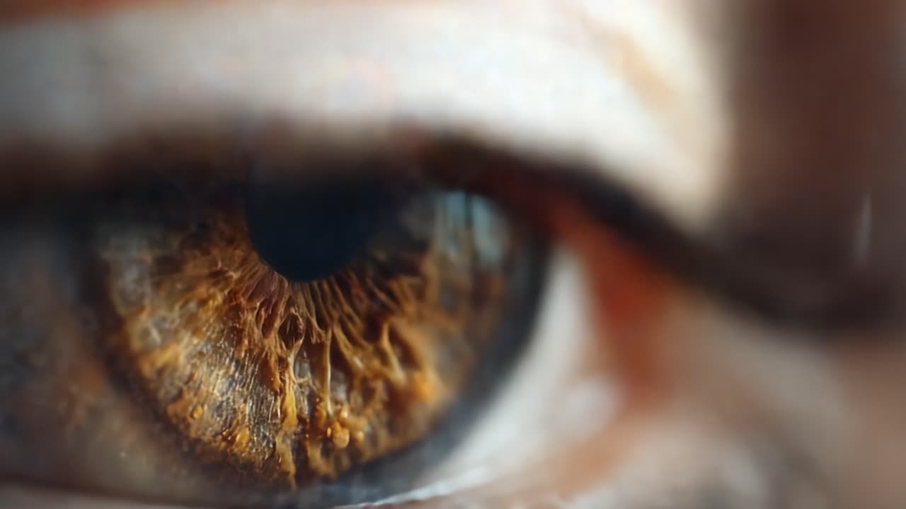 Un primo piano mozzafiato di un occhio umano caratterizzato da motivi intricati e colori vivaci che catturano la bellezza ipnotizzante dell'iride e della pupilla.