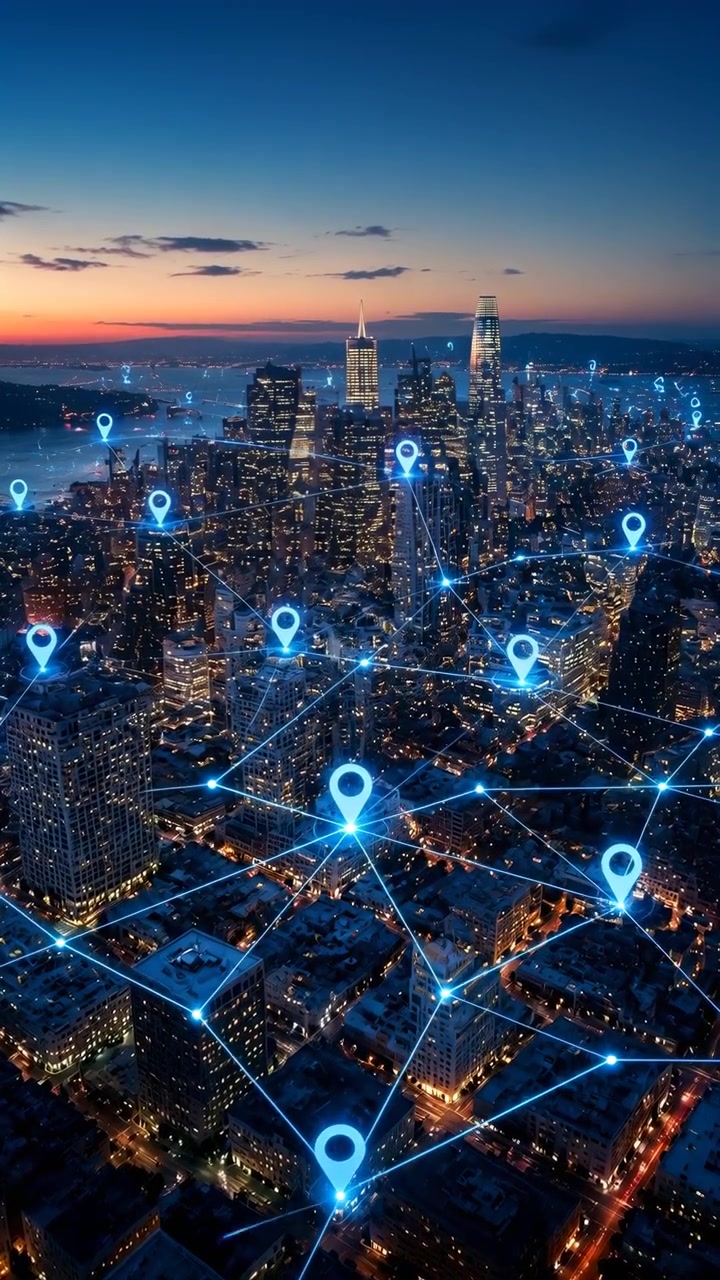 Wide elevated view of a dense urban skyline with illuminated buildings and streets under evening light, while glowing blue location markers and connecting