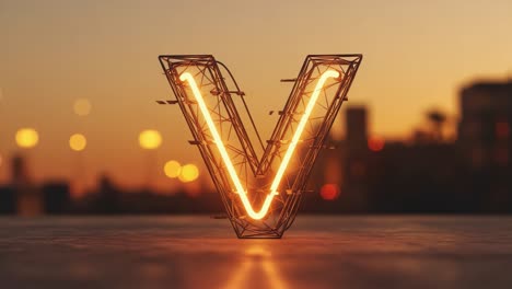 a captivating neon 'v' illuminated by a beautiful sunset, showcasing the warm glow and vibrant atmosphere in an urban setting