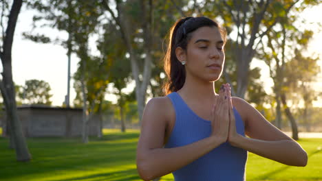 Una-Hermosa-Joven-Hispana-Yogui-Meditando-En-Una-Pose-De-Manos-De-Oración-De-Una-Pierna-En-El-Parque-Al-Amanecer