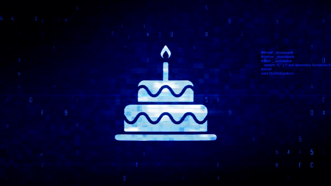 símbolo de pastel de cumpleaños animación de error de ruido de píxeles digitales.
