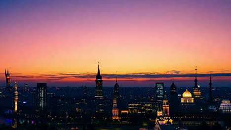 urban skyline showcasing vibrant colors as skyscrapers and landmarks transform during a stunning sunset