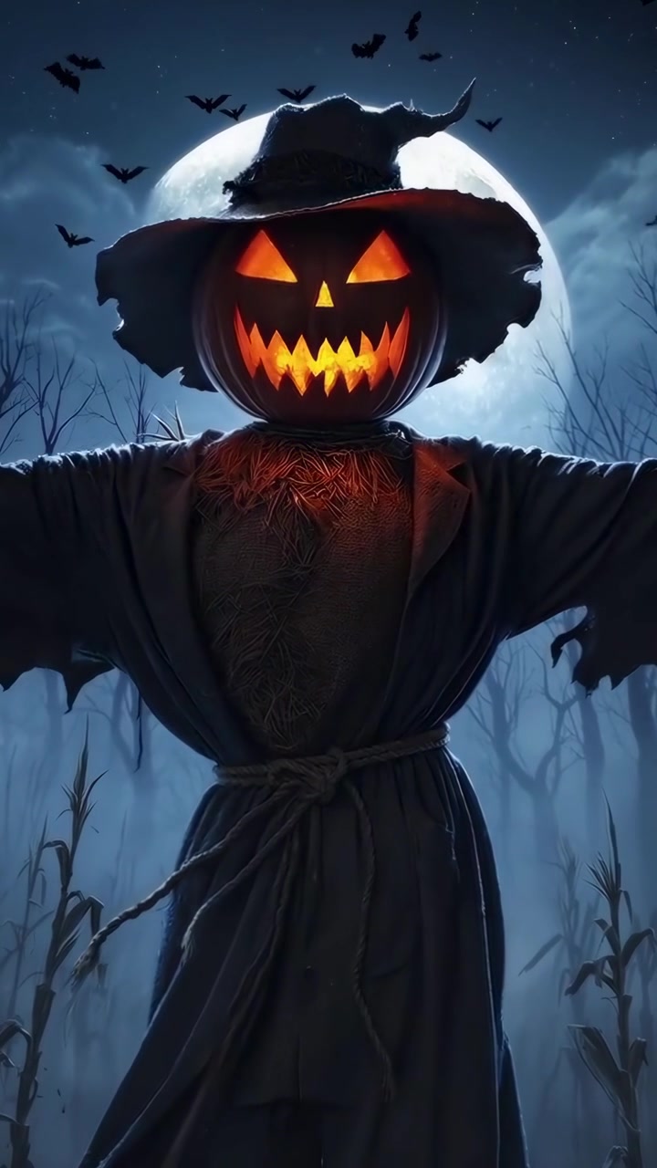 Spaventoso Spaventapasseri Jack-o'-lantern in una Foresta Buia di Notte