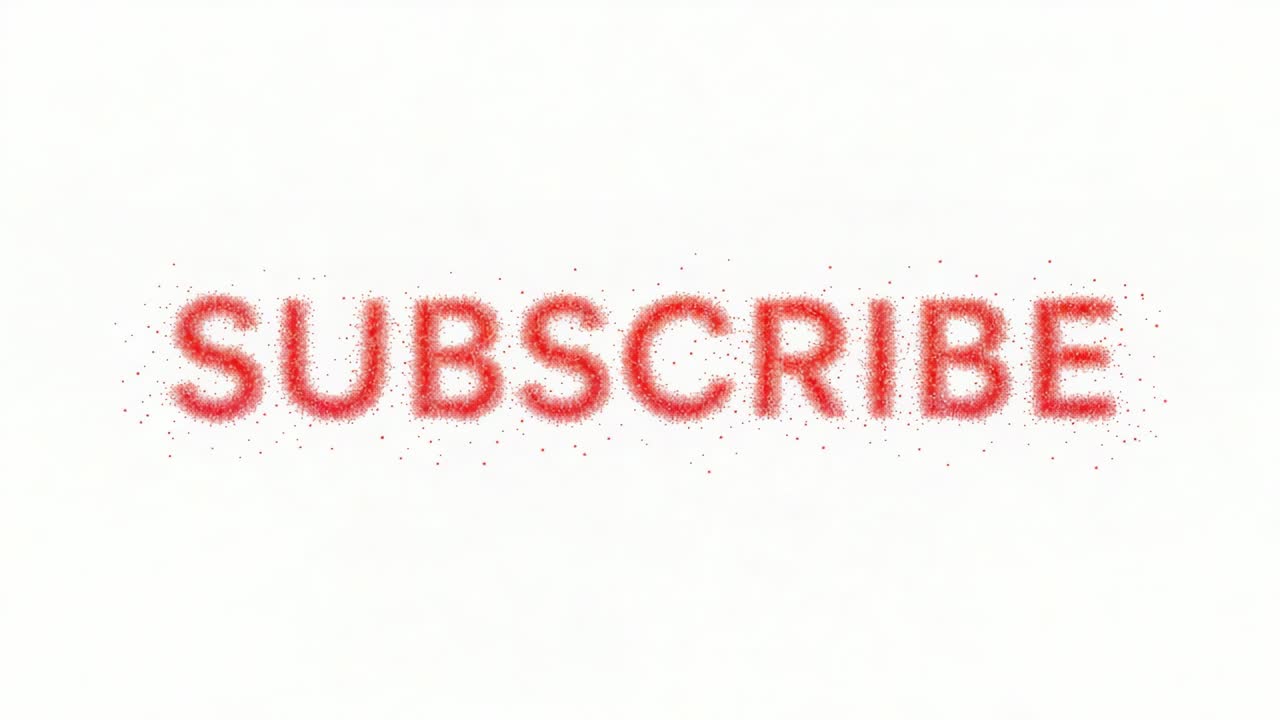 Animation starting red SUBSCRIBE shifting from dispersed dots into solid segmented text on white