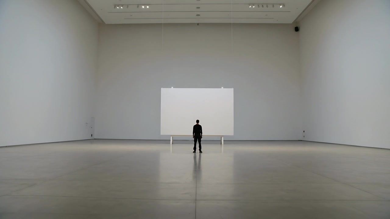 Standing adult visitor wearing dark clothing, observing freestanding white panel in gallery