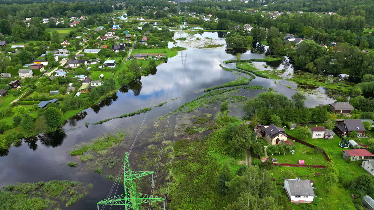 Aerial view of Latvian countryside, summer rich vegetation, rural houses of Europe