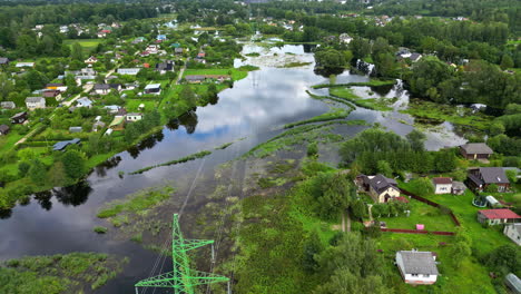aerial view of latvian countryside, summer rich vegetation, rural houses of europe