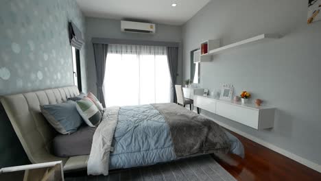 modern bedroom decoration with cute blue wallpaper