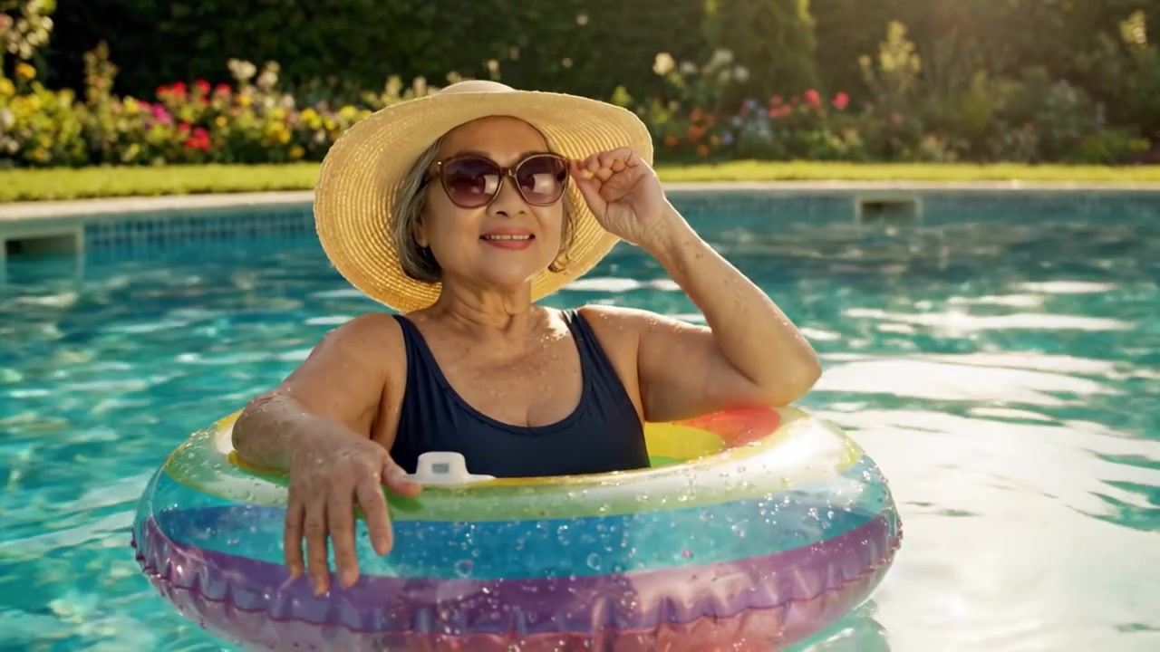 A Relaxing Summer Day: An Older Woman Enjoys the Breezy Calmness of Poolside Leisure While Floating in a Colorful Ring Under the Sun