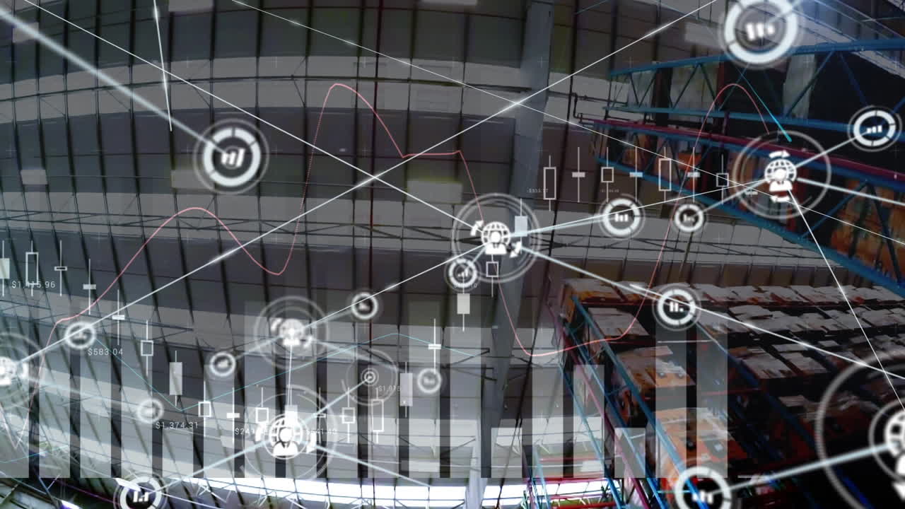 animación del procesamiento de datos financieros y la red de conexiones a través del almacén en segundo plano