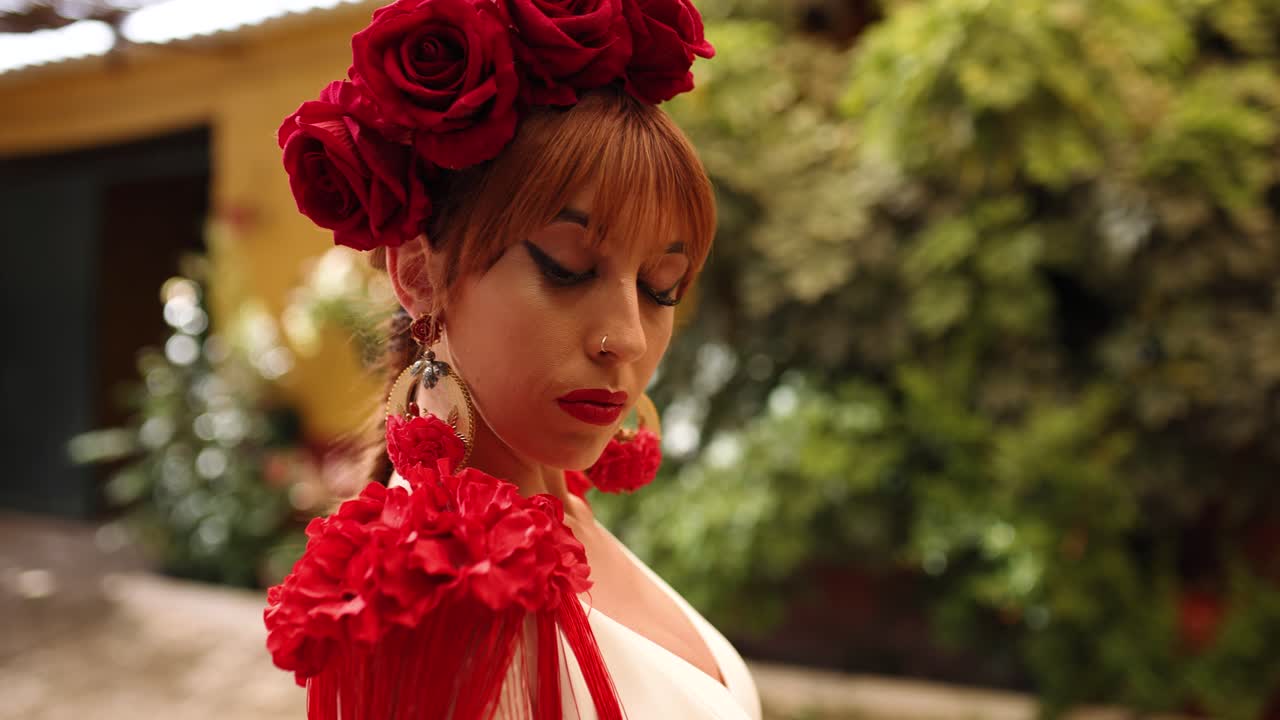 Elegantti nainen perinteisessä flamencomekossa punaisilla ruusuilla poseeraamassa ulkona
