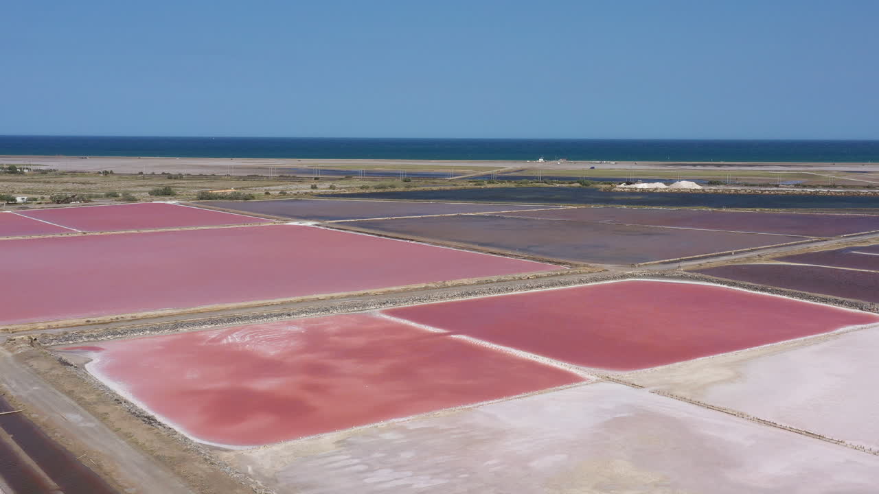 fotografía aérea de izquierda a derecha sobre los estanques de producción de sal rosados aude occitanie rosados