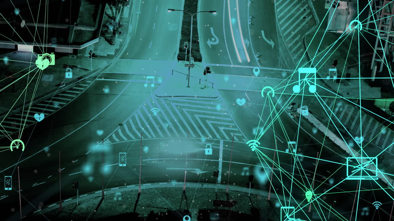 Animazione di rete di connessioni con icone su strada in città