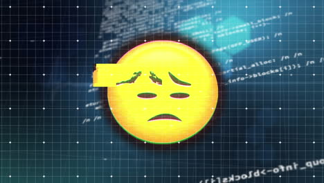 animación digital del efecto de falla sobre el emoji de cara triste contra el procesamiento de datos en fondo azul