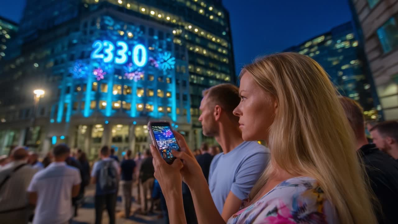 A couple watches a spectacular nighttime display as the clock strikes 2330, capturing the moment with their smartphones amidst a vibrant crowd illuminated by colorful lights and visual effects