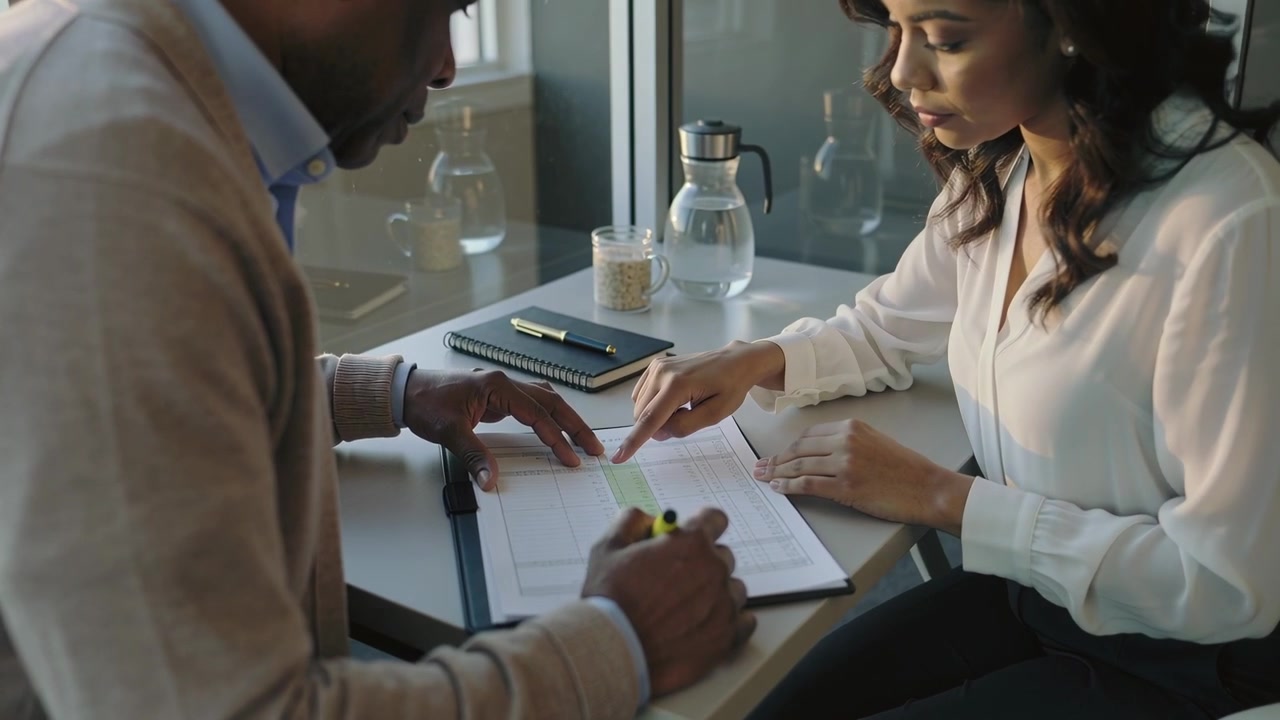 Anziano appoggiato che segna un documento con un evidenziatore giallo in una stanza d'angolo, donna in camicetta bianca che indica