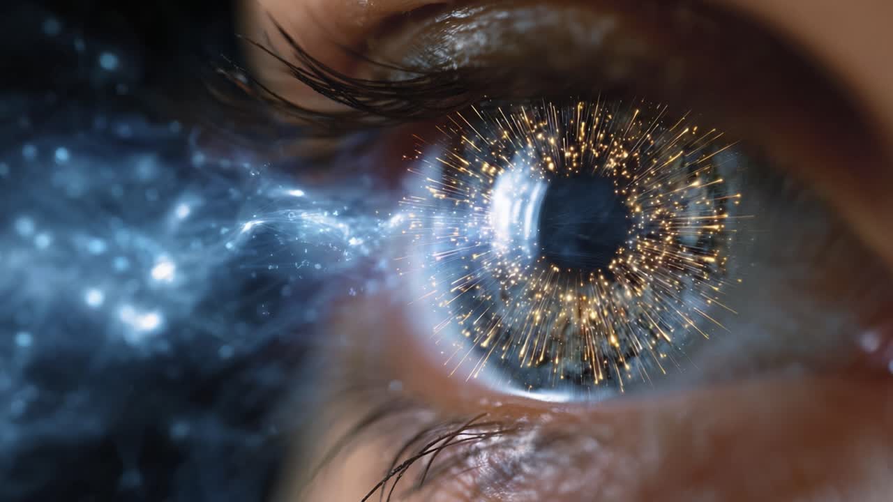 Captivating Visuals of an Eye with Cosmic Effects: A Journey of Light, Sparkles, and Mystical Energy Radiating from the Eye's Pupil